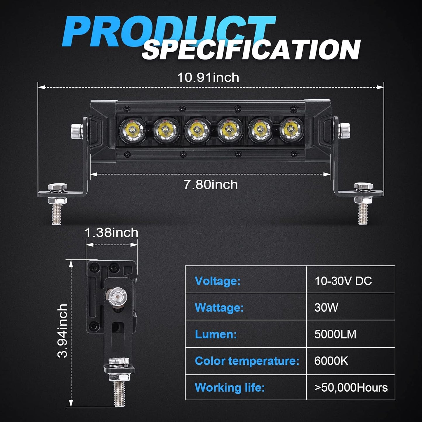 7 Inch Led Light Bar, 30W 5000 Lumens Light Bar for Truck Off Road ATV UTV Boat, 12 Volt Led Flood Lights Work Light Auxiliary Driving Fog Light with Mount Bracket