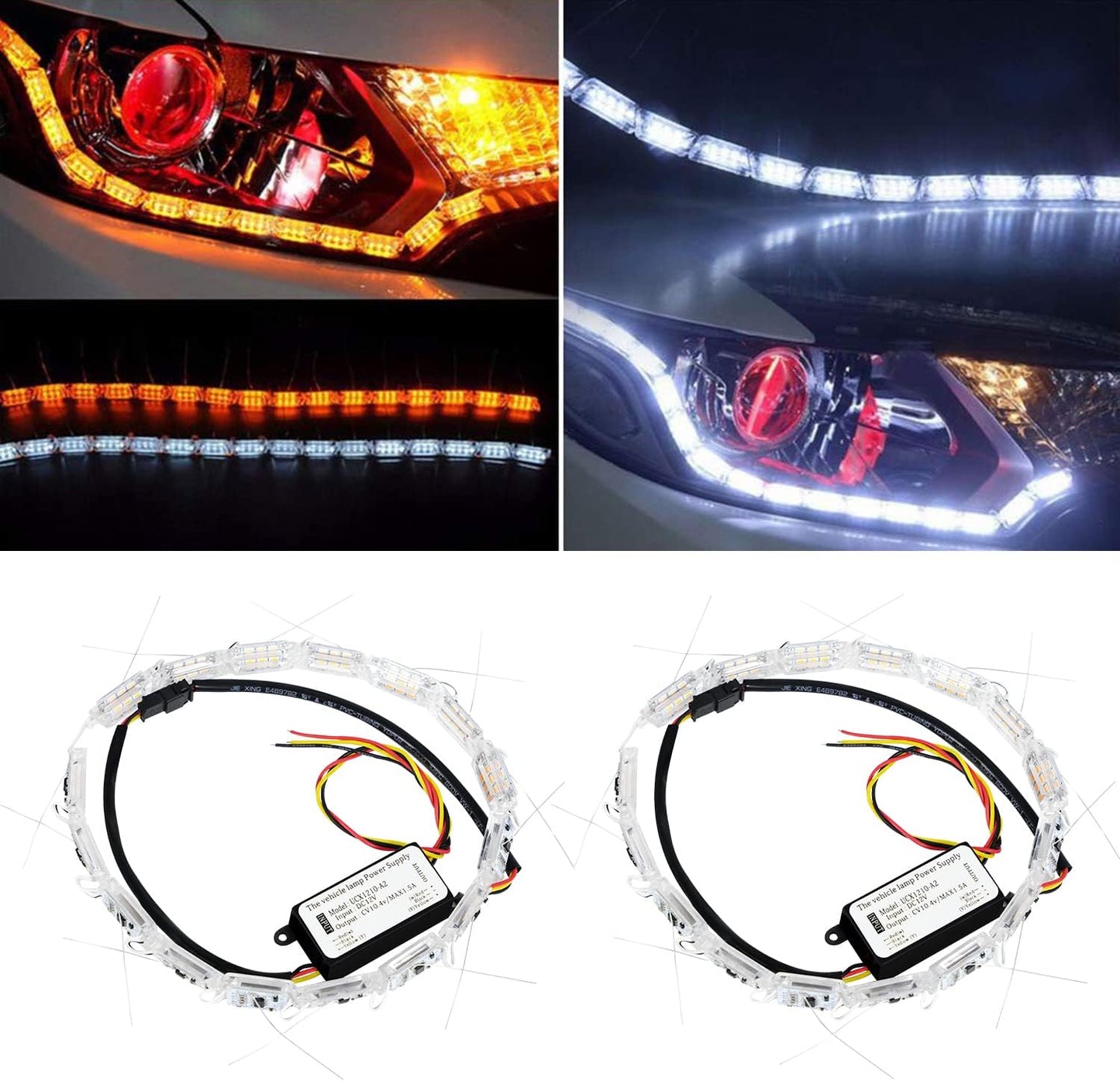 Flexible Car Led Strip, Crystal DRL Led Lights Daytime Running Light Flowing Turn Signal Light Headlight White/Amber Fog Lamp 12V -
