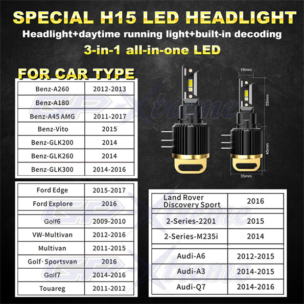 GP Xtreme H15 LED Headlamp Light Bulbs 6500K 24000 Lumen Audi Mercedes Benz Volkswagen Golf GP-H15-LED-HL-XI - My Store