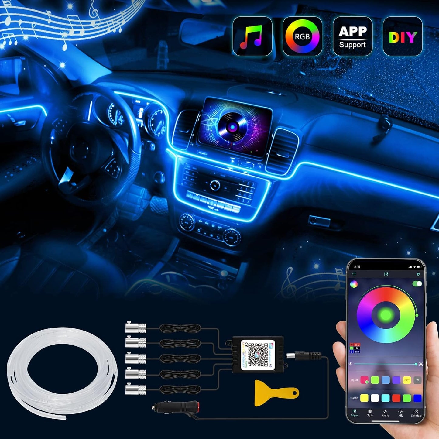 LED Interior Strip Lights, RGB Ambient Lighting Kits, 16 Million Colors 5 in 1 with 236 inches Fiber Optic, Music Sync Rhythm and APP Control, Car Accessories for Dashboard - RGB-Ambient-Strip