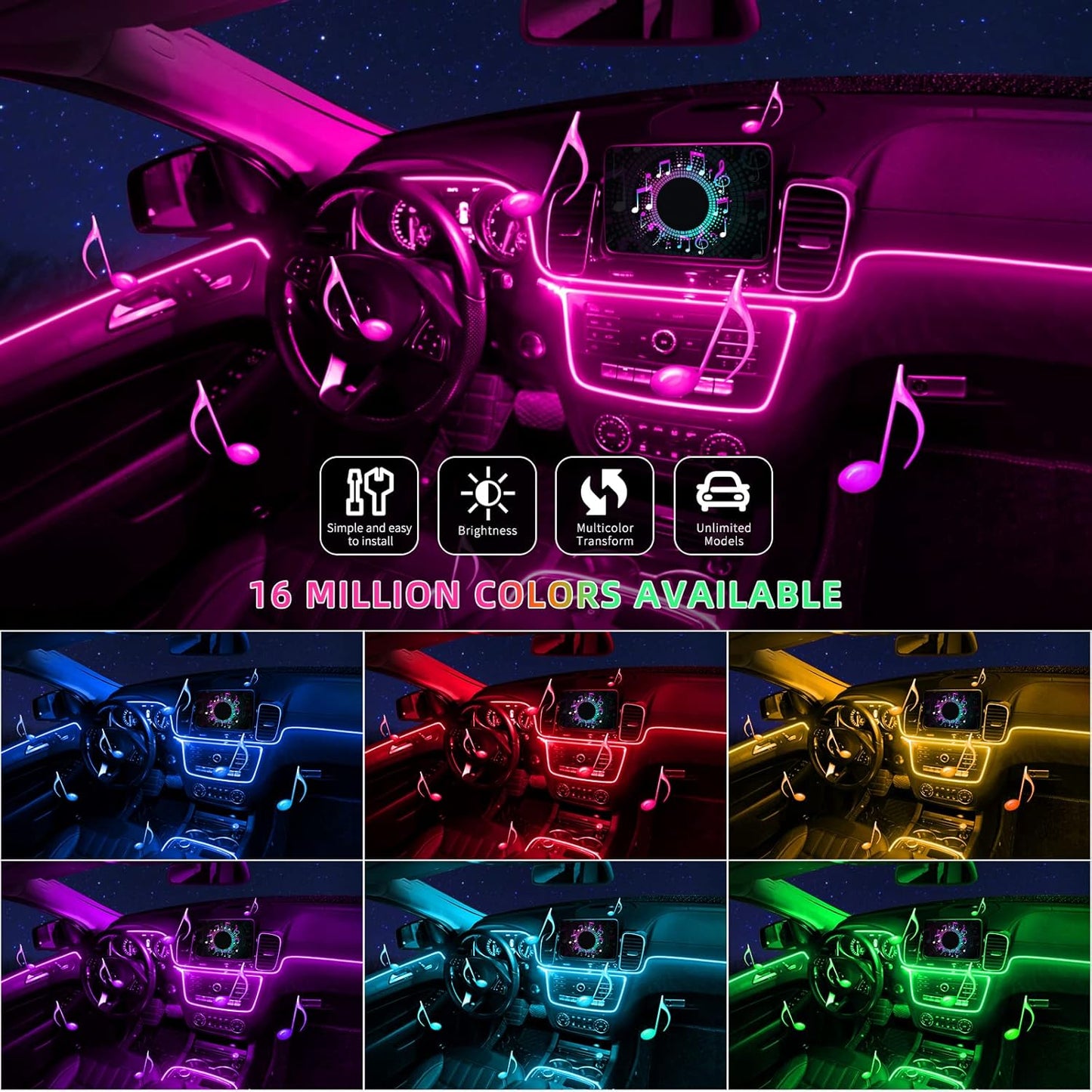 LED Interior Strip Lights, RGB Ambient Lighting Kits, 16 Million Colors 5 in 1 with 236 inches Fiber Optic, Music Sync Rhythm and APP Control, Car Accessories for Dashboard - RGB-Ambient-Strip
