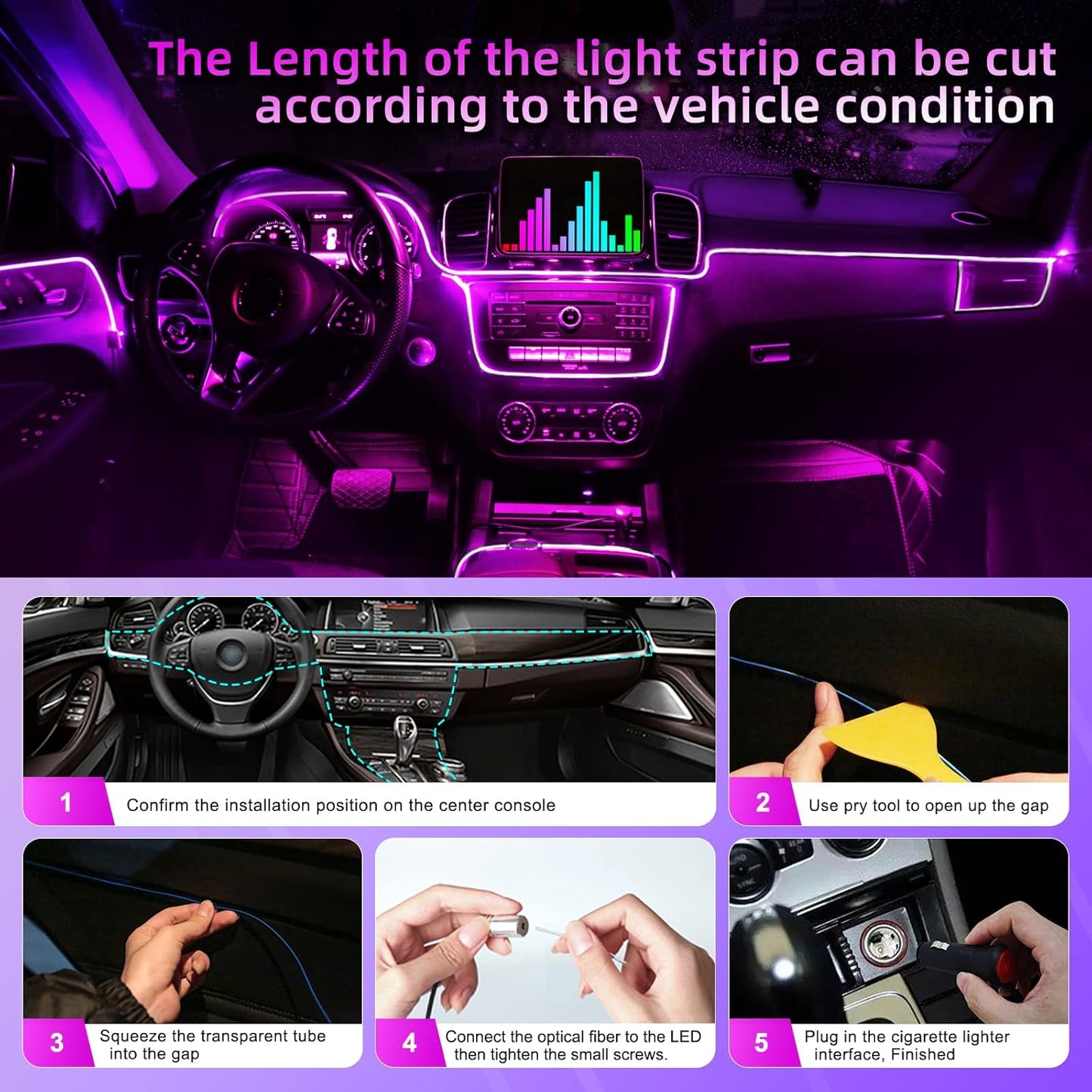 LED Interior Strip Lights, RGB Ambient Lighting Kits, 16 Million Colors 5 in 1 with 236 inches Fiber Optic, Music Sync Rhythm and APP Control, Car Accessories for Dashboard - RGB-Ambient-Strip