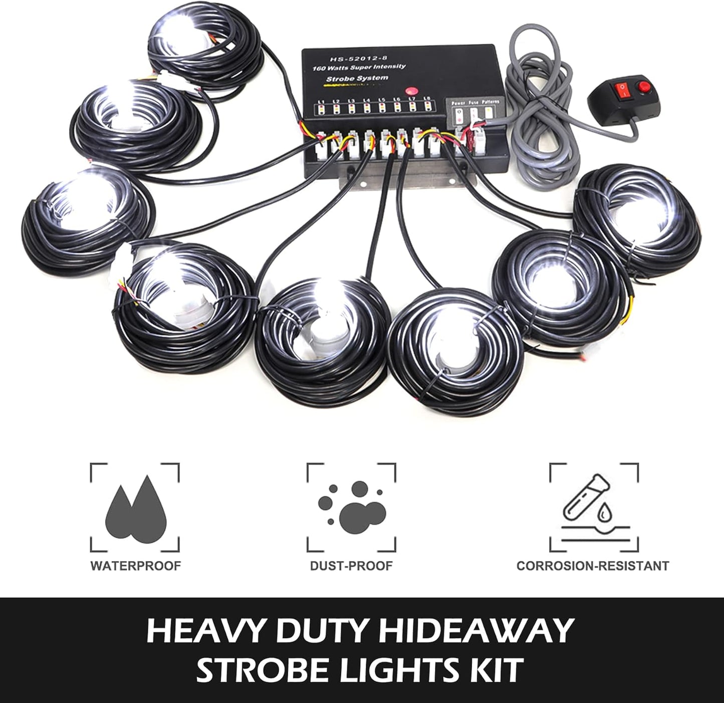 Strobe Lights Kit 8 HID Bulbs 13 Flashing Mode Memory Recall Function, 16 Feet Power Cord with Controller, Emergency Strobe Lights for Trucks Vehicles - HID-Strobe-8