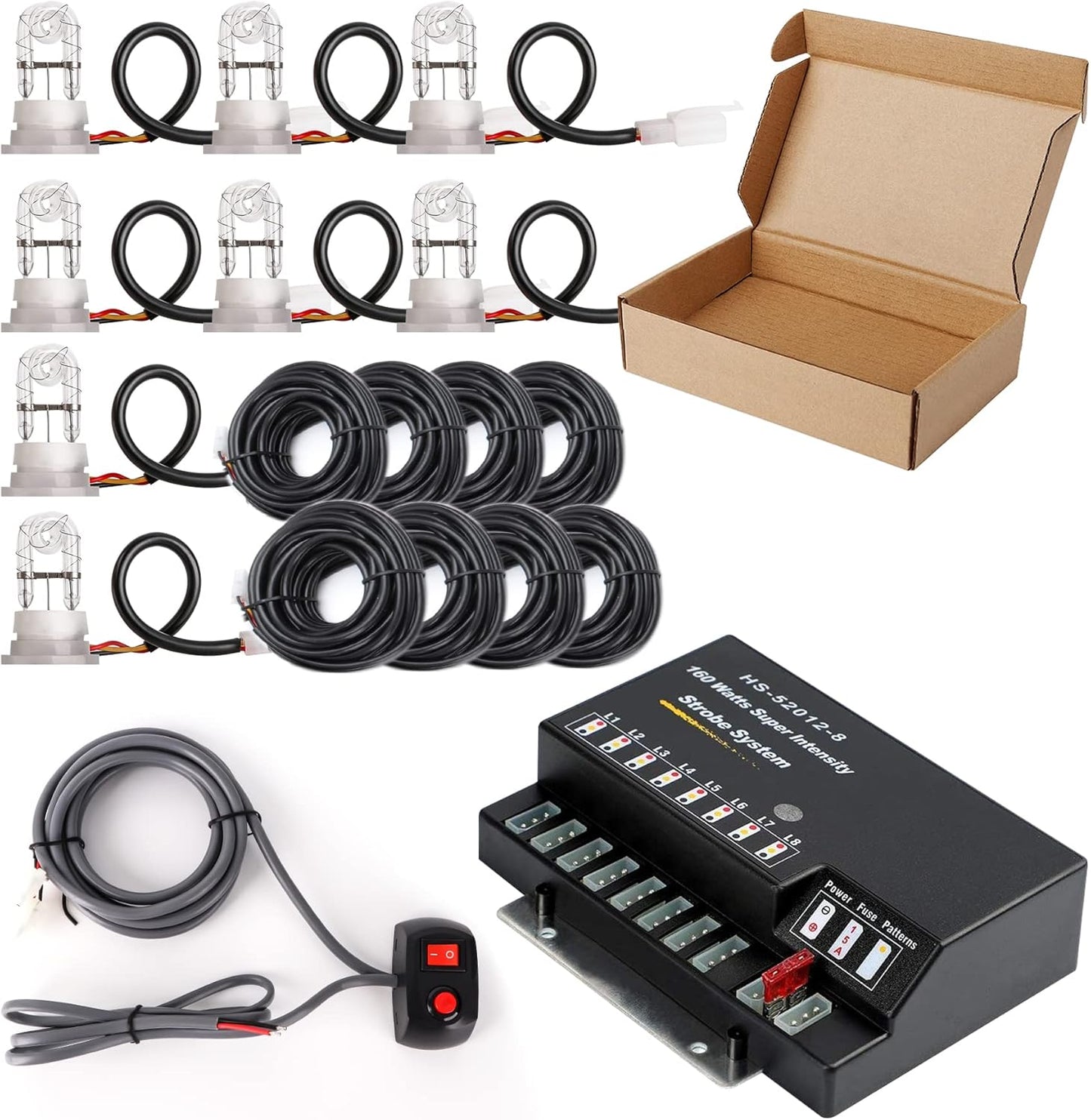 Strobe Lights Kit 8 HID Bulbs 13 Flashing Mode Memory Recall Function, 16 Feet Power Cord with Controller, Emergency Strobe Lights for Trucks Vehicles - HID-Strobe-8