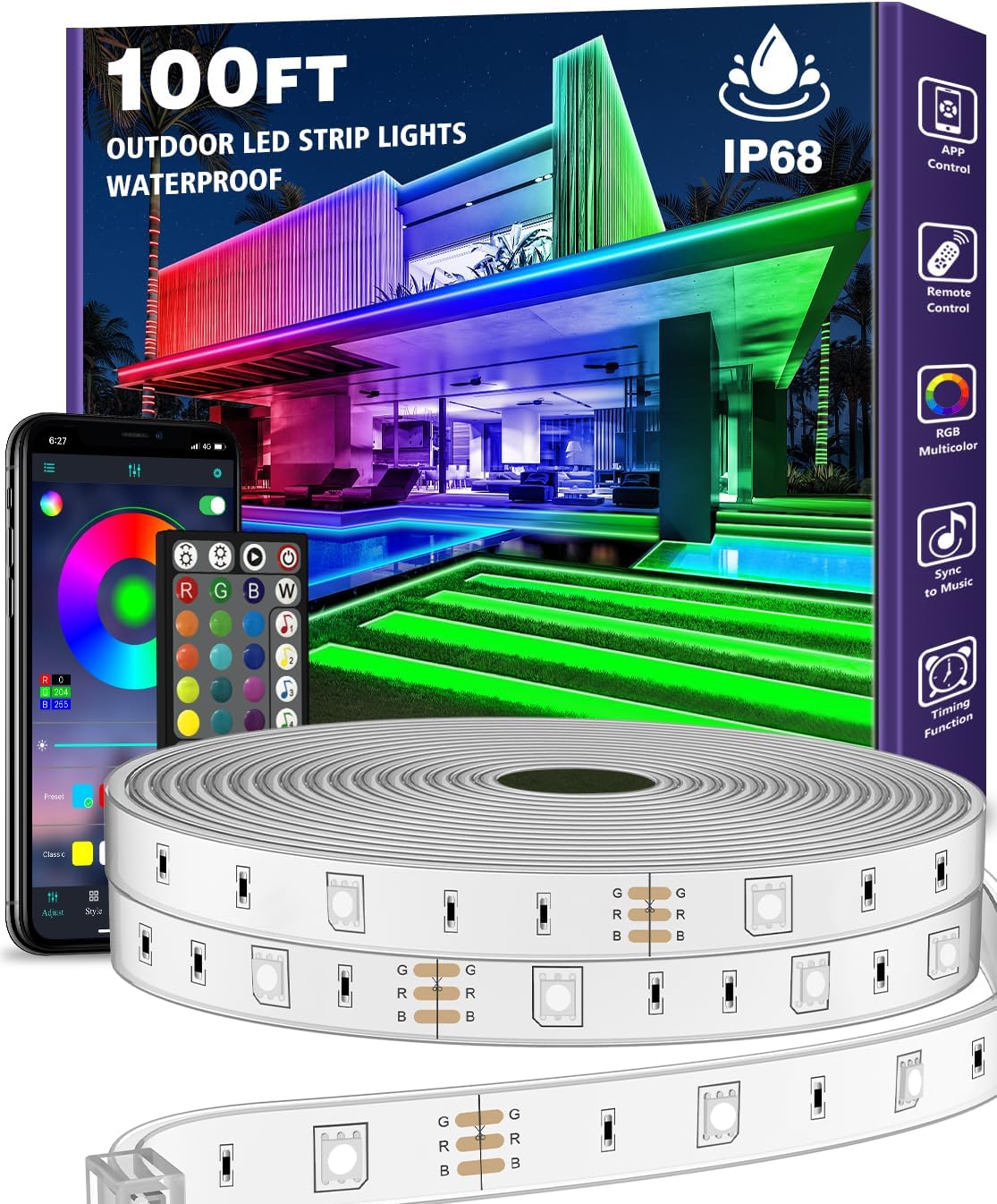 100ft Outdoor LED Strip Lights Waterproof,IP68 Outside Led Light Strips Waterproof with Bluetooth App Remote Control - Bar100ft