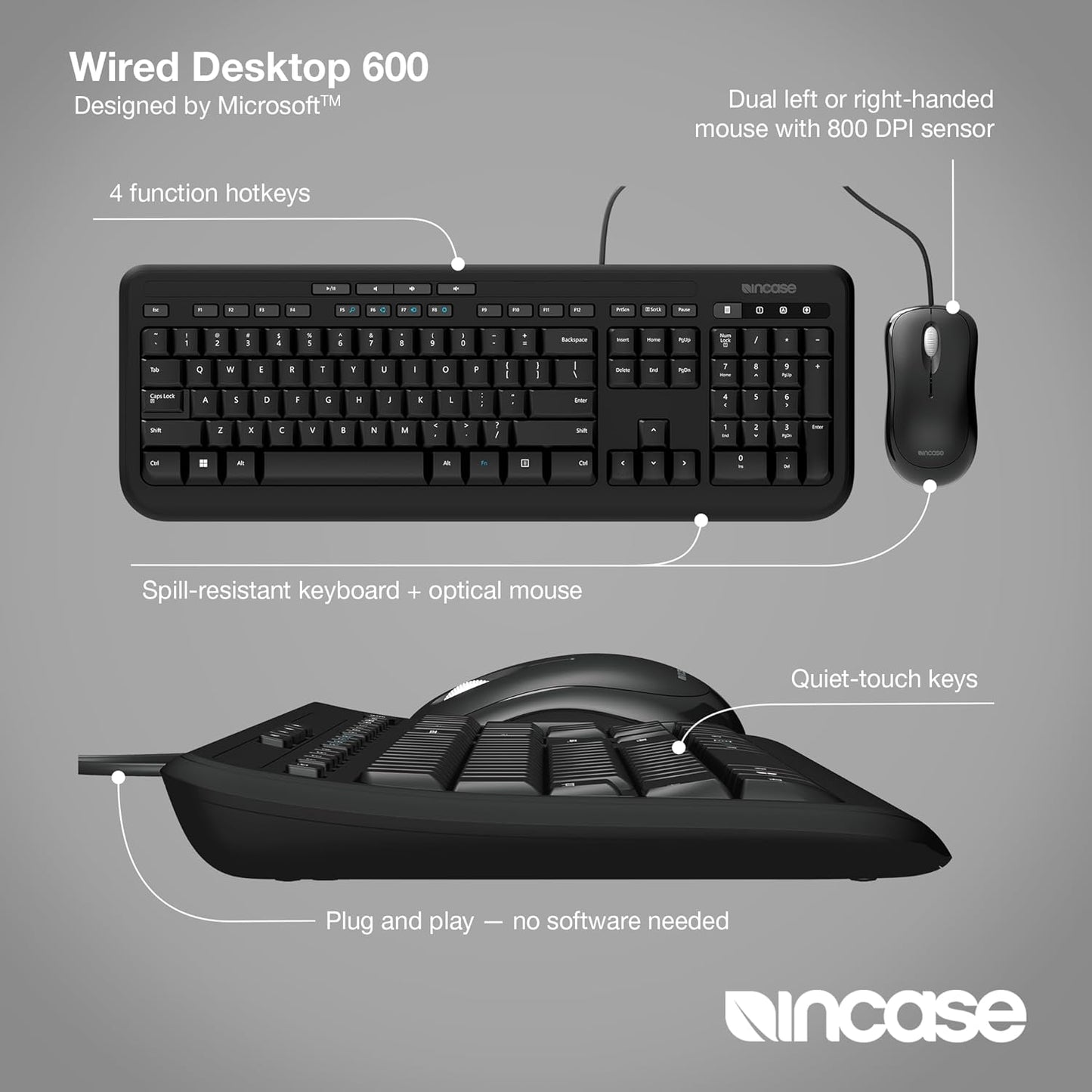 Keyboard Incase Wired Desktop 600 Keyboard & Mouse Combo – Designed by Microsoft - GP Lights USA