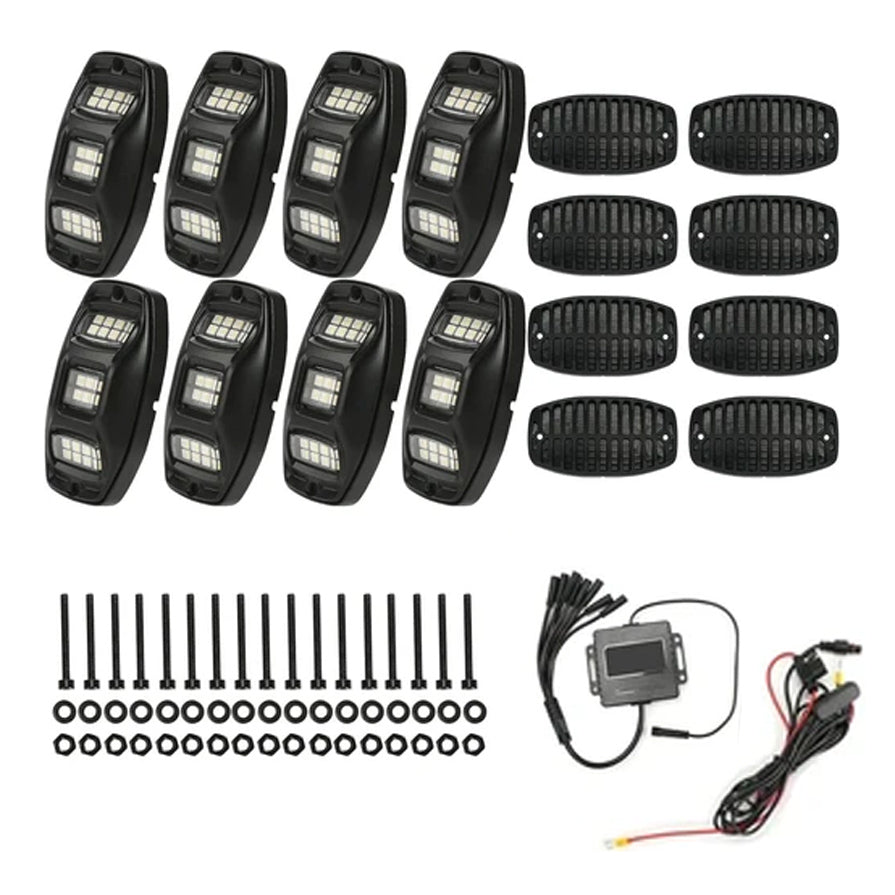 8 Pods Triple Angle RGBW Rock Lights High Power Metal Underglow Lights with Phone App Voice Mode Music Mode for Off Road Truck SUV ATV UTV - GP-LED-415-RGBW-8