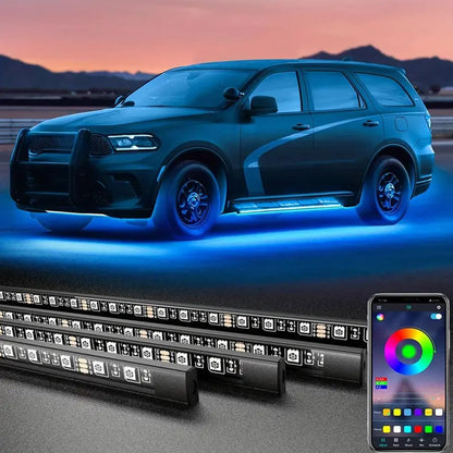 4pcs Car Underglow Neon Accent Strip Lights,with App Control 16 Million Colors Music Mode Car Underglow Strip Lights,LED Light Kit for Van SUV Truck - App