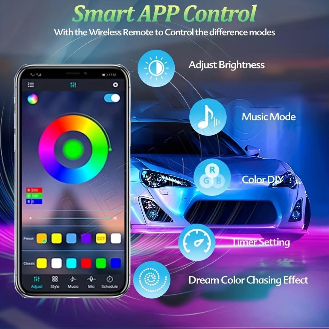 4pcs Car Underglow Neon Accent Strip Lights,with App Control 16 Million Colors Music Mode Car Underglow Strip Lights,LED Light Kit for Van SUV Truck - App