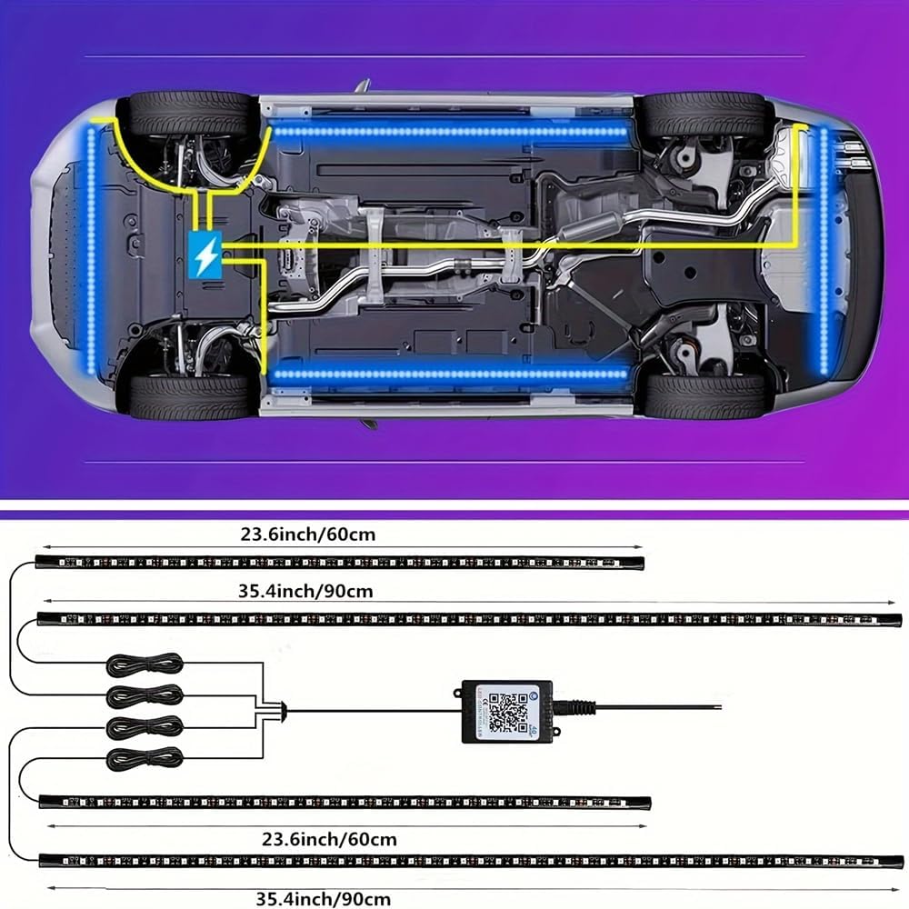 4pcs Car Underglow Neon Accent Strip Lights,with App Control 16 Million Colors Music Mode Car Underglow Strip Lights,LED Light Kit for Van SUV Truck - App