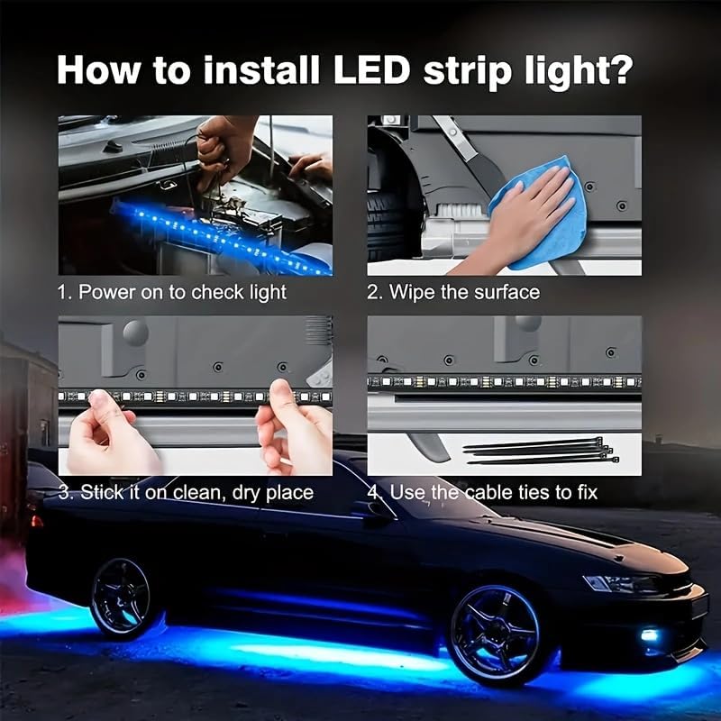 4pcs Car Underglow Neon Accent Strip Lights,with App Control 16 Million Colors Music Mode Car Underglow Strip Lights,LED Light Kit for Van SUV Truck - App
