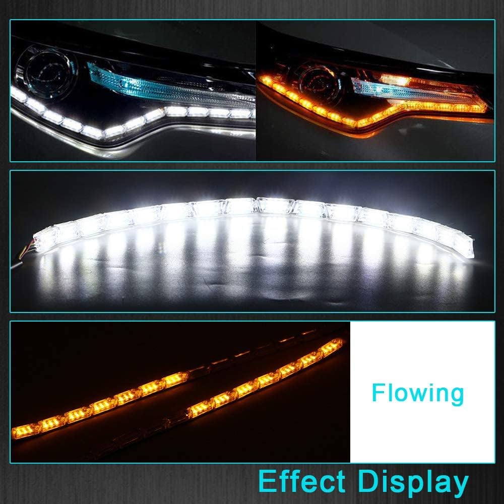 Flexible Car Led Strip, Crystal DRL Led Lights Daytime Running Light Flowing Turn Signal Light Headlight White/Amber Fog Lamp 12V -