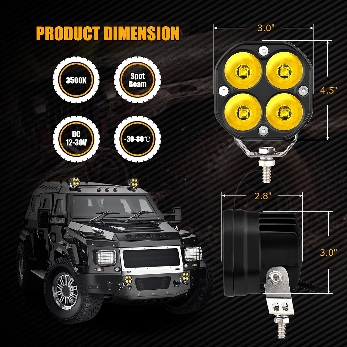 3" 40w Spot Off Road Lights, Driving Fog Lamp, IP68 Waterproof LED Work Light, Amber Cube Lights for Pickup Truck SUV ATV UTV Boat Forklift 4x4 - LED-418-Y