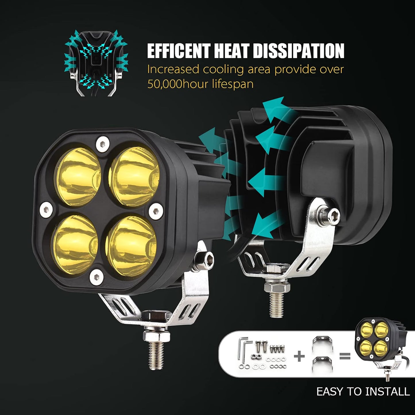 3" 40w Spot Off Road Lights, Driving Fog Lamp, IP68 Waterproof LED Work Light, Amber Cube Lights for Pickup Truck SUV ATV UTV Boat Forklift 4x4 - LED-418-Y