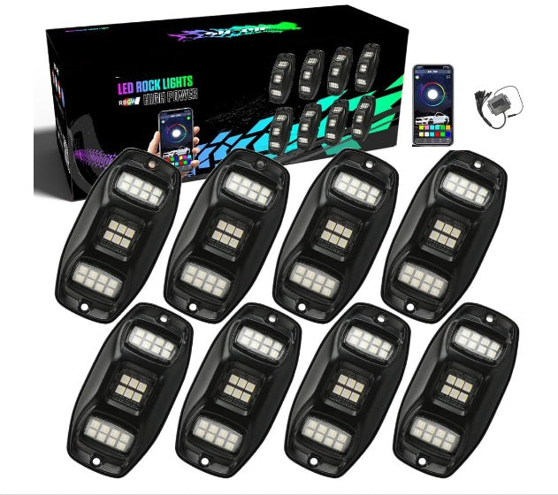 8 Pods Triple Angle RGBW Rock Lights High Power Metal Underglow Lights with Phone App Voice Mode Music Mode for Off Road Truck SUV ATV UTV - GP-LED-415-RGBW-8