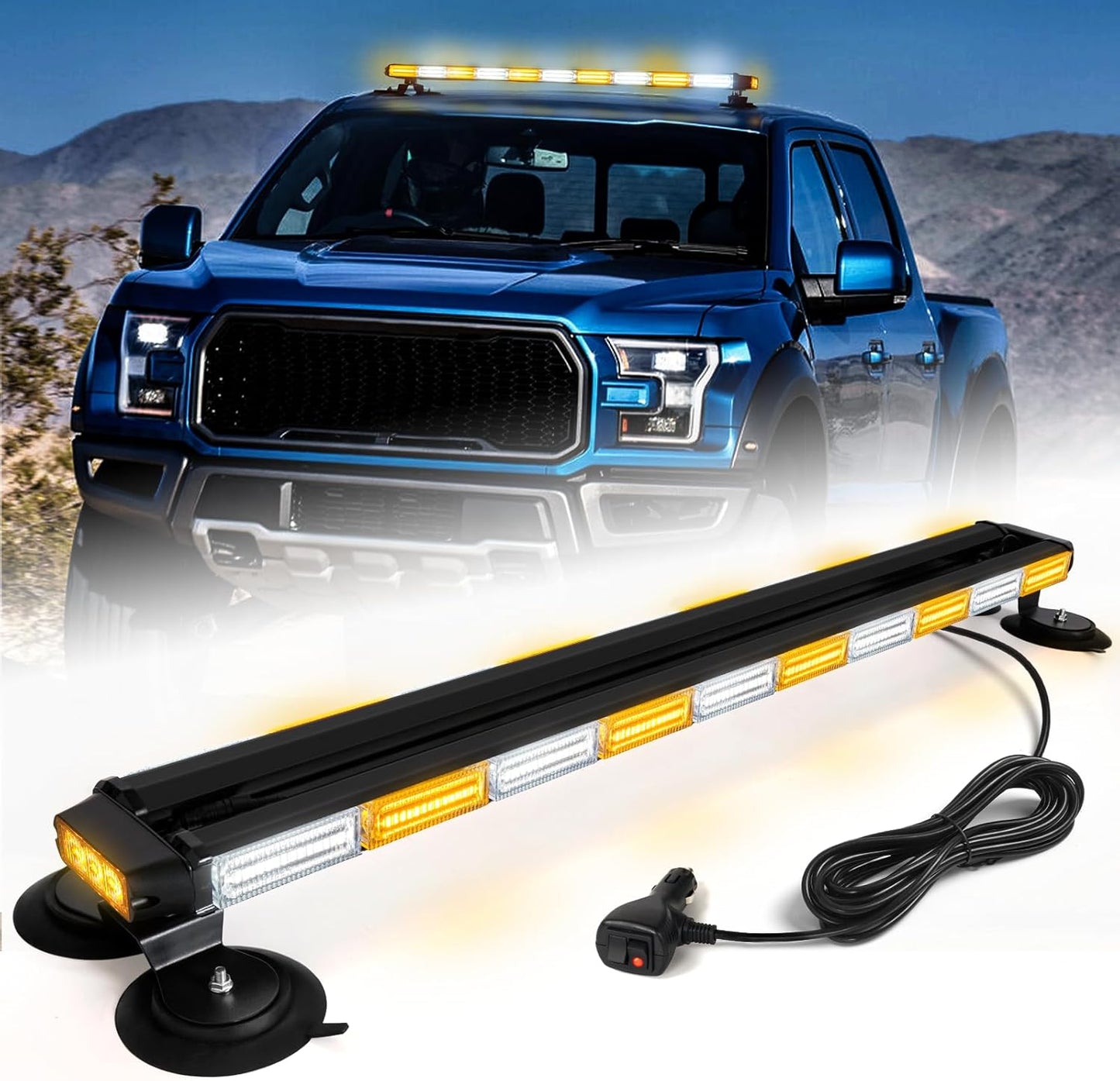 Strobe Light Bar 42" Amber White Emergency Traffic Advisor Lights, Double Side Warning Safety Flashing w/Magnetic Mount for Construction Vehicles Plow Trucks Pickup, Amber/White LED-Strobe-42 - GP Lights USA