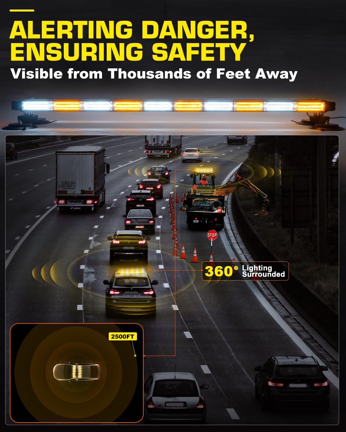 Strobe Light Bar 42" Amber White Emergency Traffic Advisor Lights, Double Side Warning Safety Flashing w/Magnetic Mount for Construction Vehicles Plow Trucks Pickup, Amber/White LED-Strobe-42 - GP Lights USA
