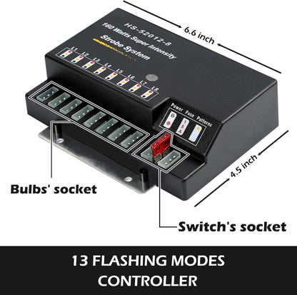 Strobe Lights Kit 8 HID Bulbs 13 Flashing Mode Memory Recall Function, 16 Feet Power Cord with Controller, Emergency Strobe Lights for Trucks Vehicles - HID-Strobe-8