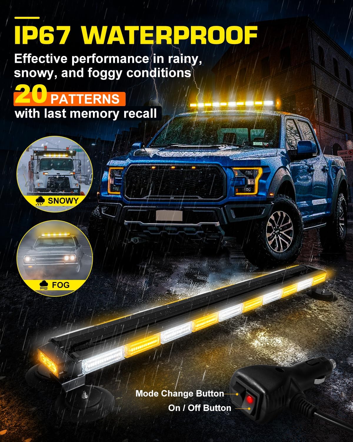 Strobe Light Bar 42" Amber White Emergency Traffic Advisor Lights, Double Side Warning Safety Flashing w/Magnetic Mount for Construction Vehicles Plow Trucks Pickup, Amber/White LED-Strobe-42 - GP Lights USA