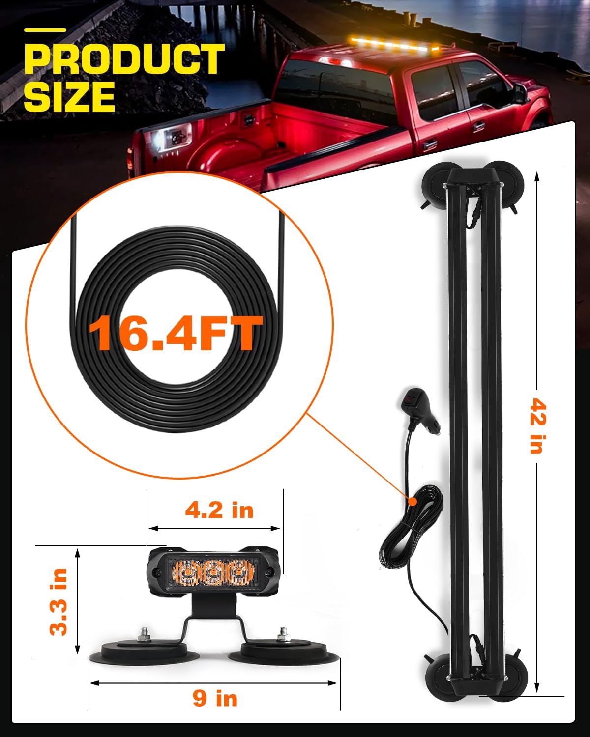Strobe Light Bar 42" Amber White Emergency Traffic Advisor Lights, Double Side Warning Safety Flashing w/Magnetic Mount for Construction Vehicles Plow Trucks Pickup, Amber/White LED-Strobe-42 - GP Lights USA