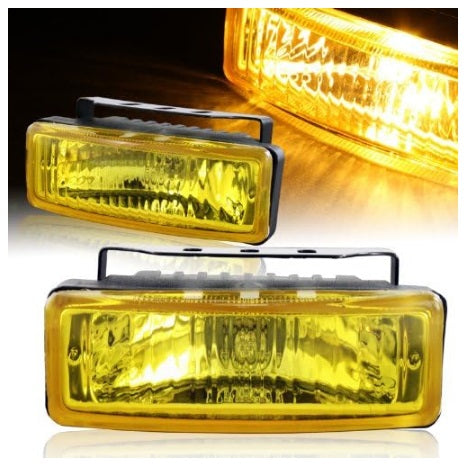 Universal 5" x 1.75" Rectangle Chrome Housing Fog Lights Driving Lamps - Yellow Lens - Assembly Kit with Bulb, Switch and Relay  - HID-0660-5 inch