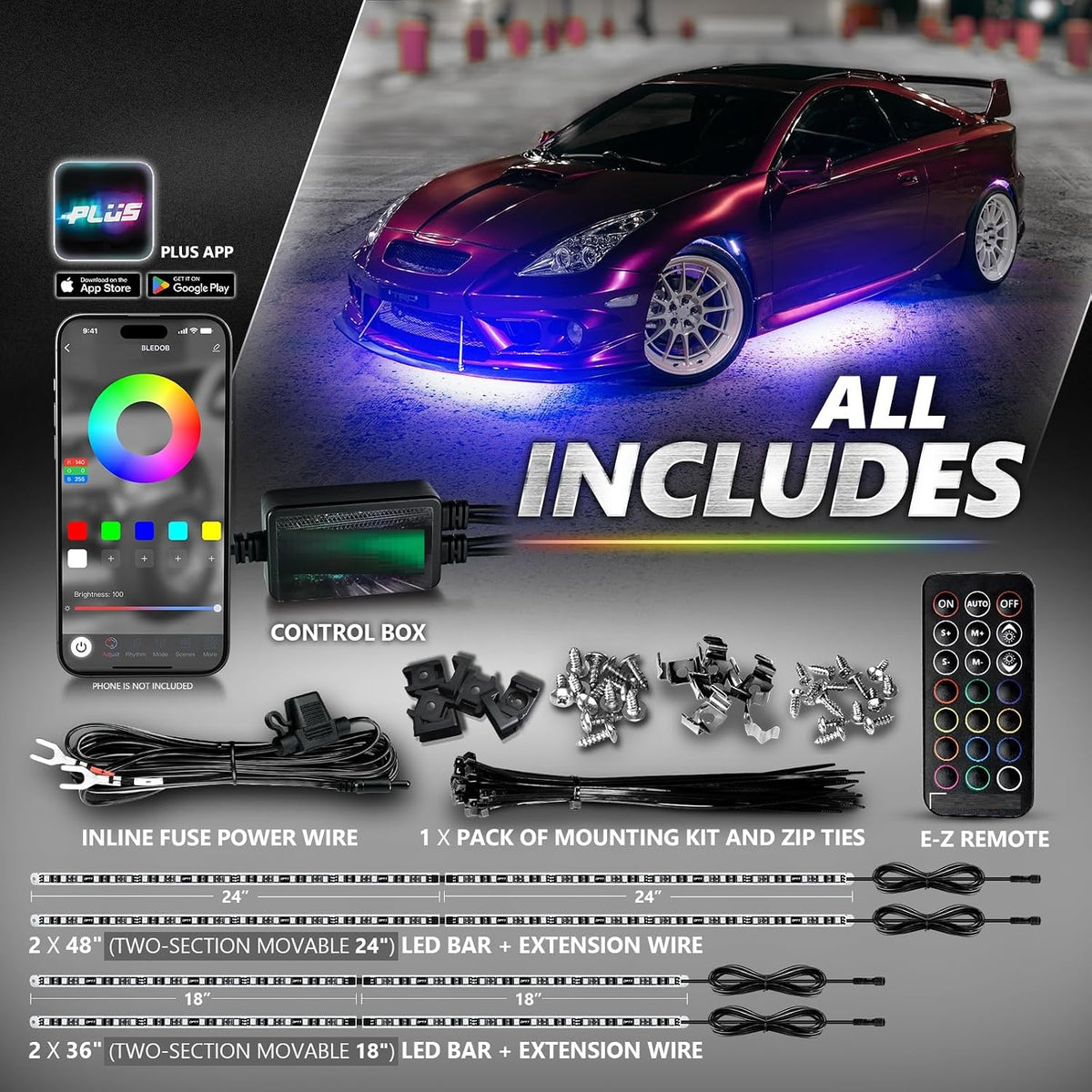 Under glow Kit with App & Remote Control Aura Pro RGB Aluminum for Car - Body-Alum-Kit