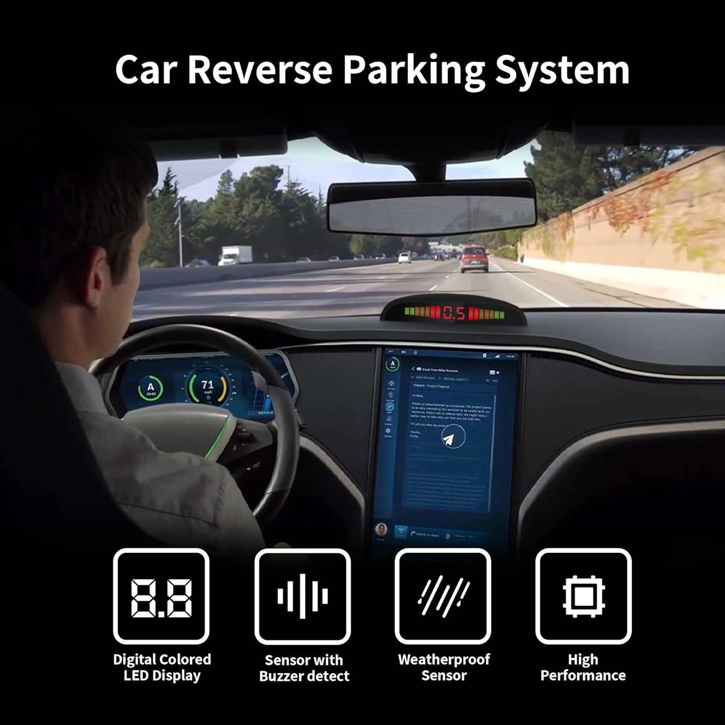 Car Auto Vehicle Reverse Backup Radar System with 4 Parking Sensors Distance Detection + LED Distance Display + Sound Warning