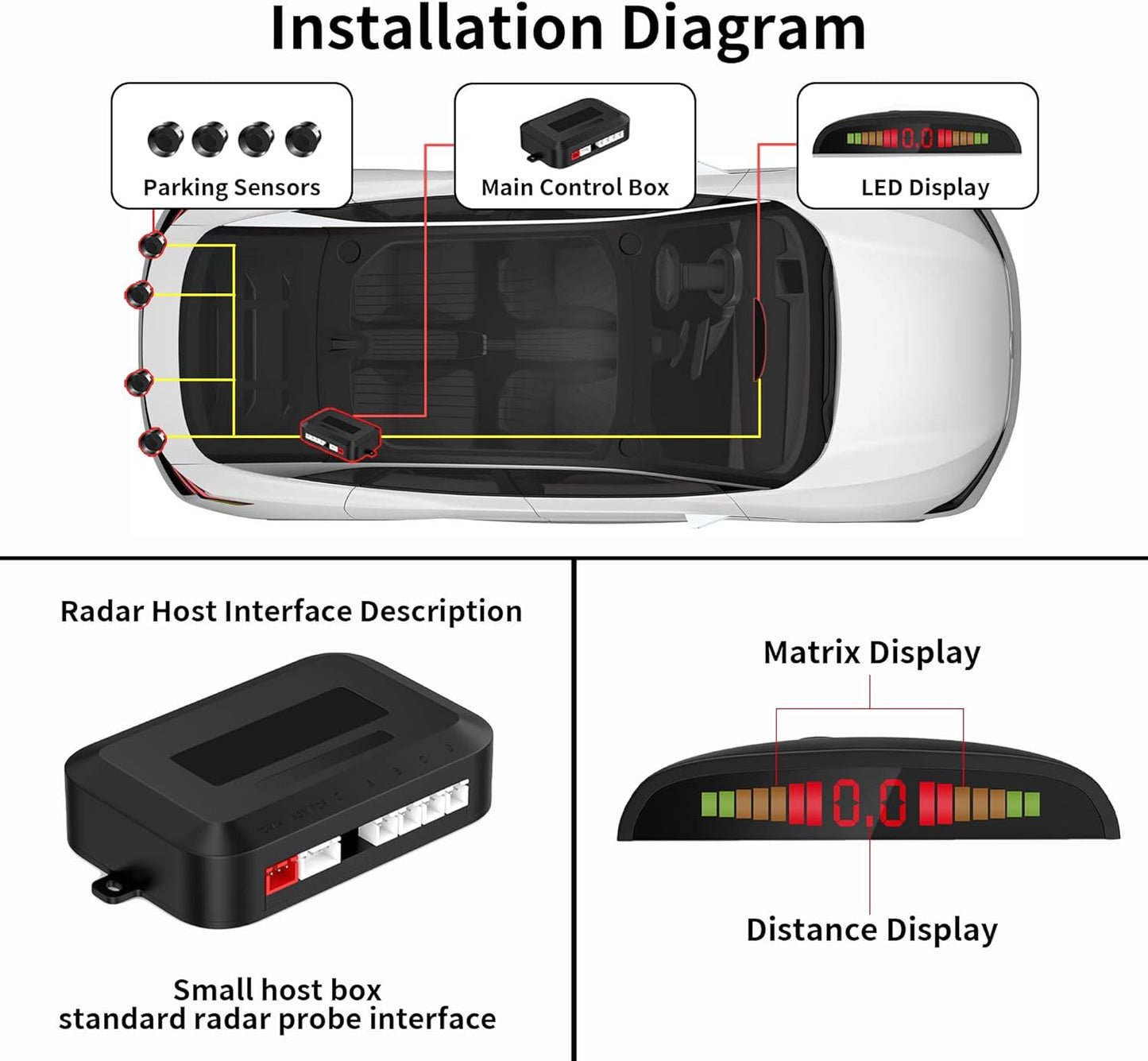 Car Auto Vehicle Reverse Backup Radar System with 4 Parking Sensors Distance Detection + LED Distance Display + Sound Warning