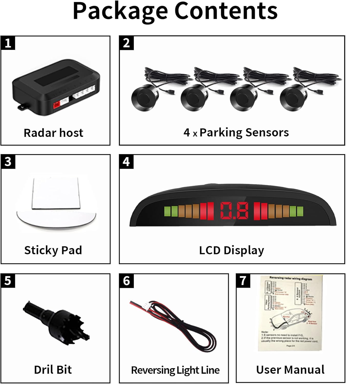Car Auto Vehicle Reverse Backup Radar System with 4 Parking Sensors Distance Detection + LED Distance Display + Sound Warning