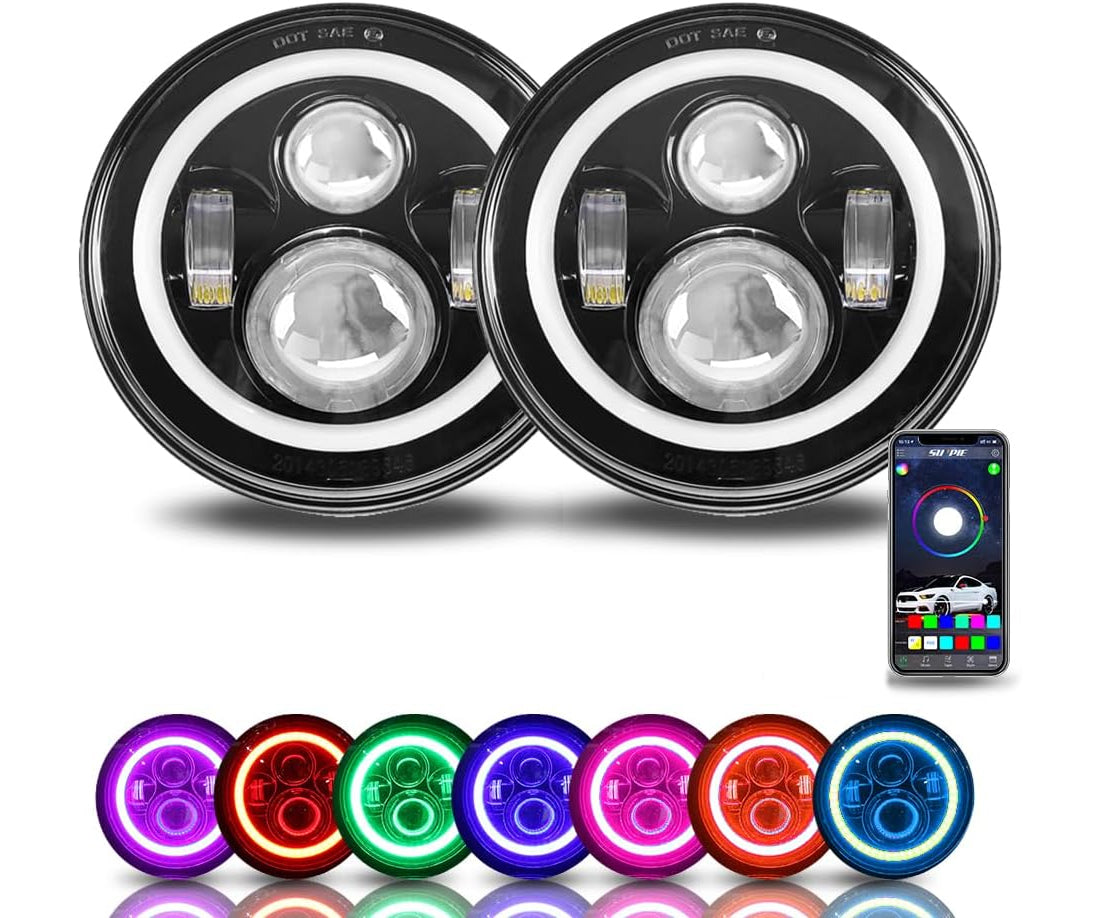 H6014 7 Inch Round LED Headlights with DRL H6024 RGBW White Halo Ring Angel Eyes High Low Sealed Beam Headlamps, Compatible with Jeep Wrangler JK TJ CJ Hummer H1 H2, 2Pcs  LED9-137-DRL-RGBW