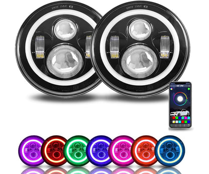 H6014 7 Inch Round LED Headlights with DRL H6024 RGBW White Halo Ring Angel Eyes High Low Sealed Beam Headlamps, Compatible with Jeep Wrangler JK TJ CJ Hummer H1 H2, 2Pcs  LED9-137-DRL-RGBW