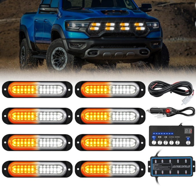 8PCS Led Strobe Lights with Controller 12V 24V Sync Feature Amber White Strobe Light 12 LED Surface Mount Emergency Hazard Warning Lights with Strobe Controller for Vehicle Car Truck RV ATV - LED-Strobe-8 - GP Lights USA