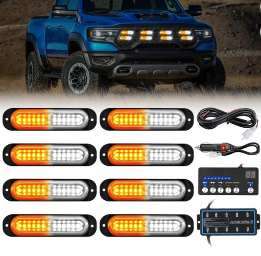 8PCS Led Strobe Lights with Controller 12V 24V Sync Feature Amber White Strobe Light 12 LED Surface Mount Emergency Hazard Warning Lights with Strobe Controller for Vehicle Car Truck RV ATV - LED-Strobe-8 - GP Lights USA